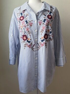 Croft & Barrow Embroidered Striped Button Down Tunic Blouse Blue Floral 2X